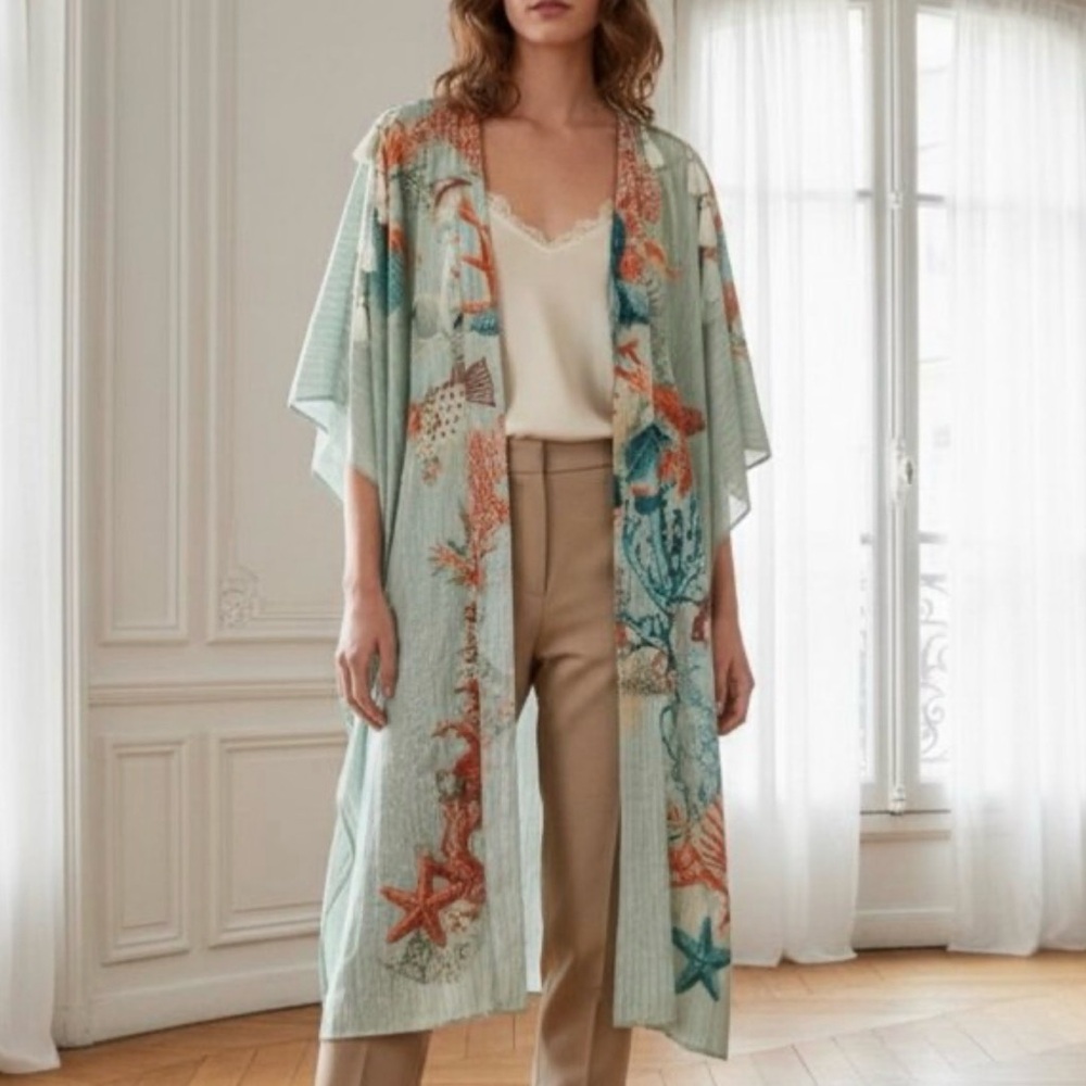 Aratta Silent journey Mint Gold Coral Sea Print Tassel Kimono One Size